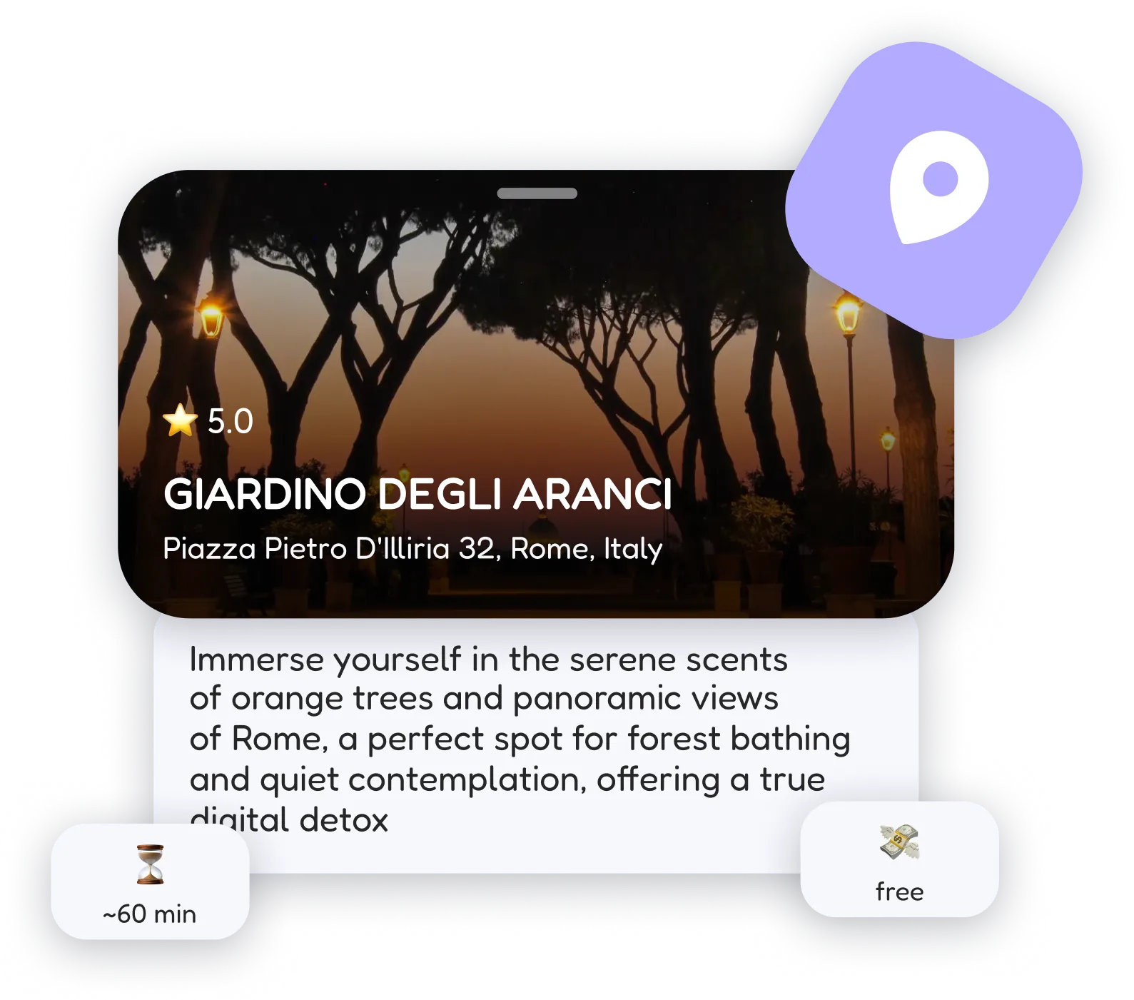 A FlapTrip place card for Giardino degli Aranci in Rome with rating, budget and map link