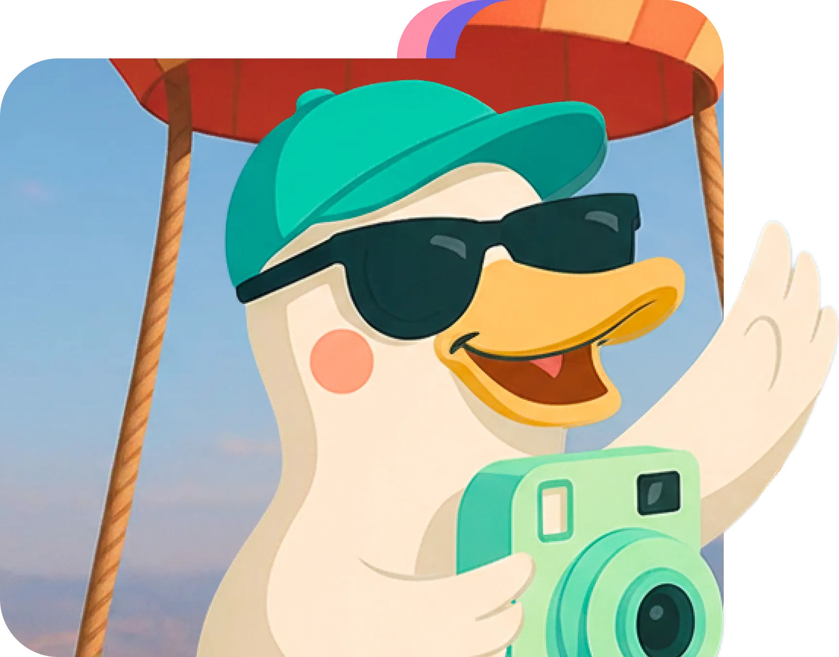 Flappy the duck in sunglasses and a cap holding a camera