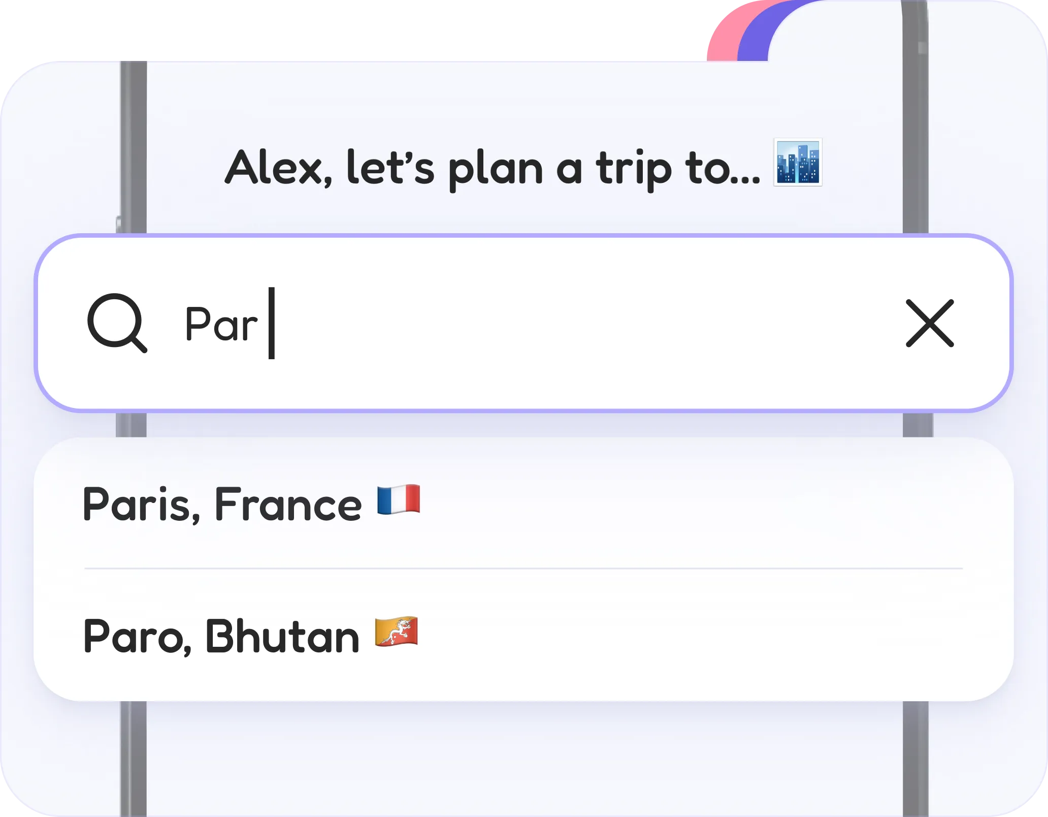 FlapTrip city search suggesting Paris, France and Paro, Bhutan