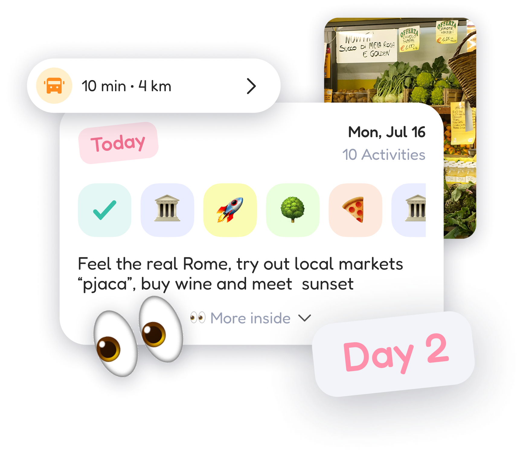 A FlapTrip day-by-day itinerary showing activities for the current day