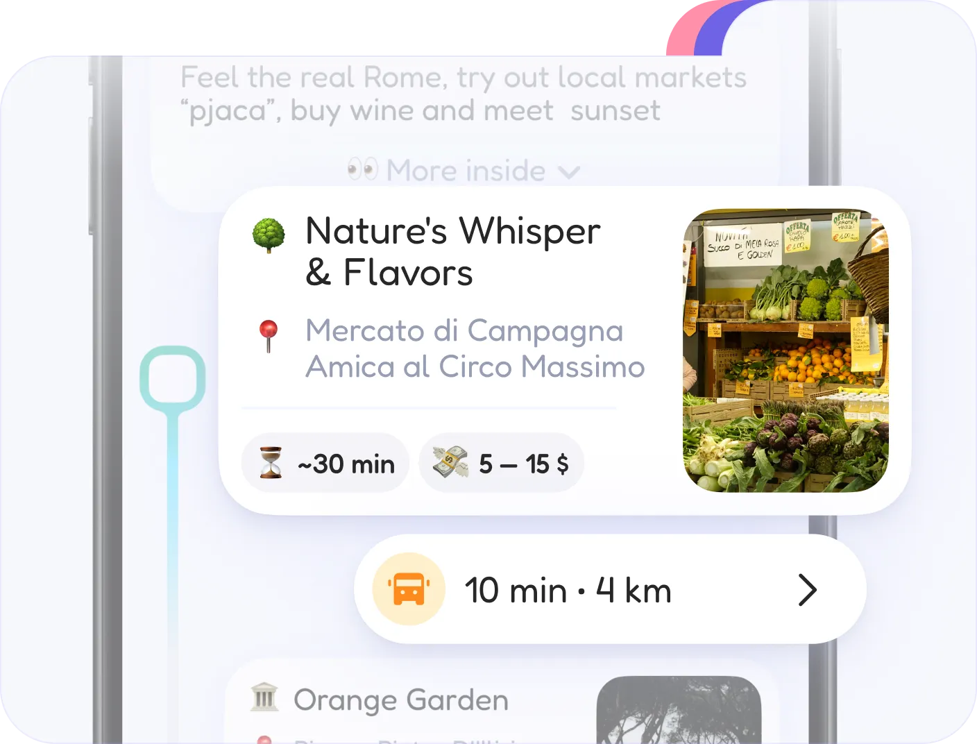 A generated FlapTrip day plan with places, durations and travel times