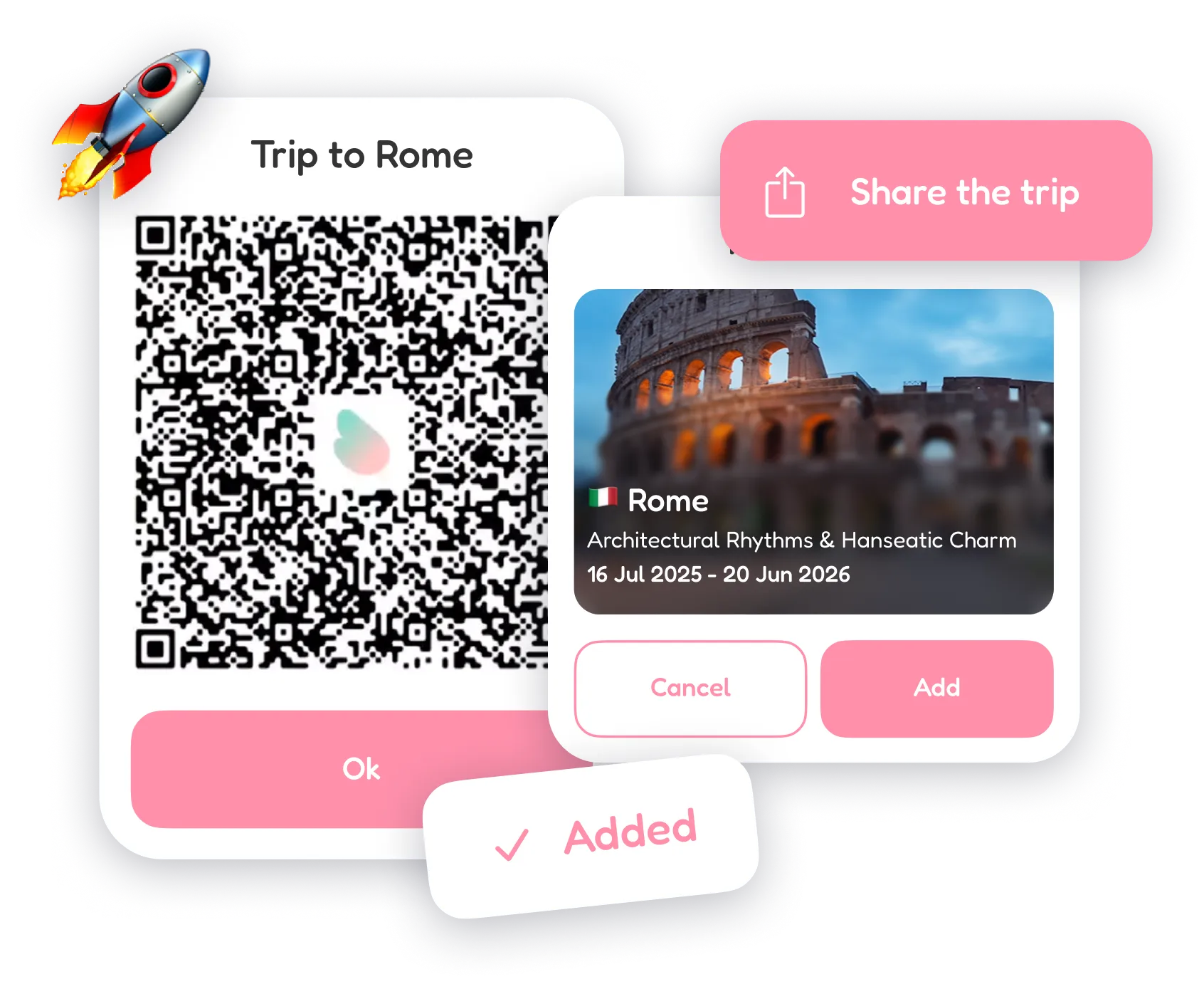 Sharing a Rome trip in FlapTrip with a QR code and an editable copy