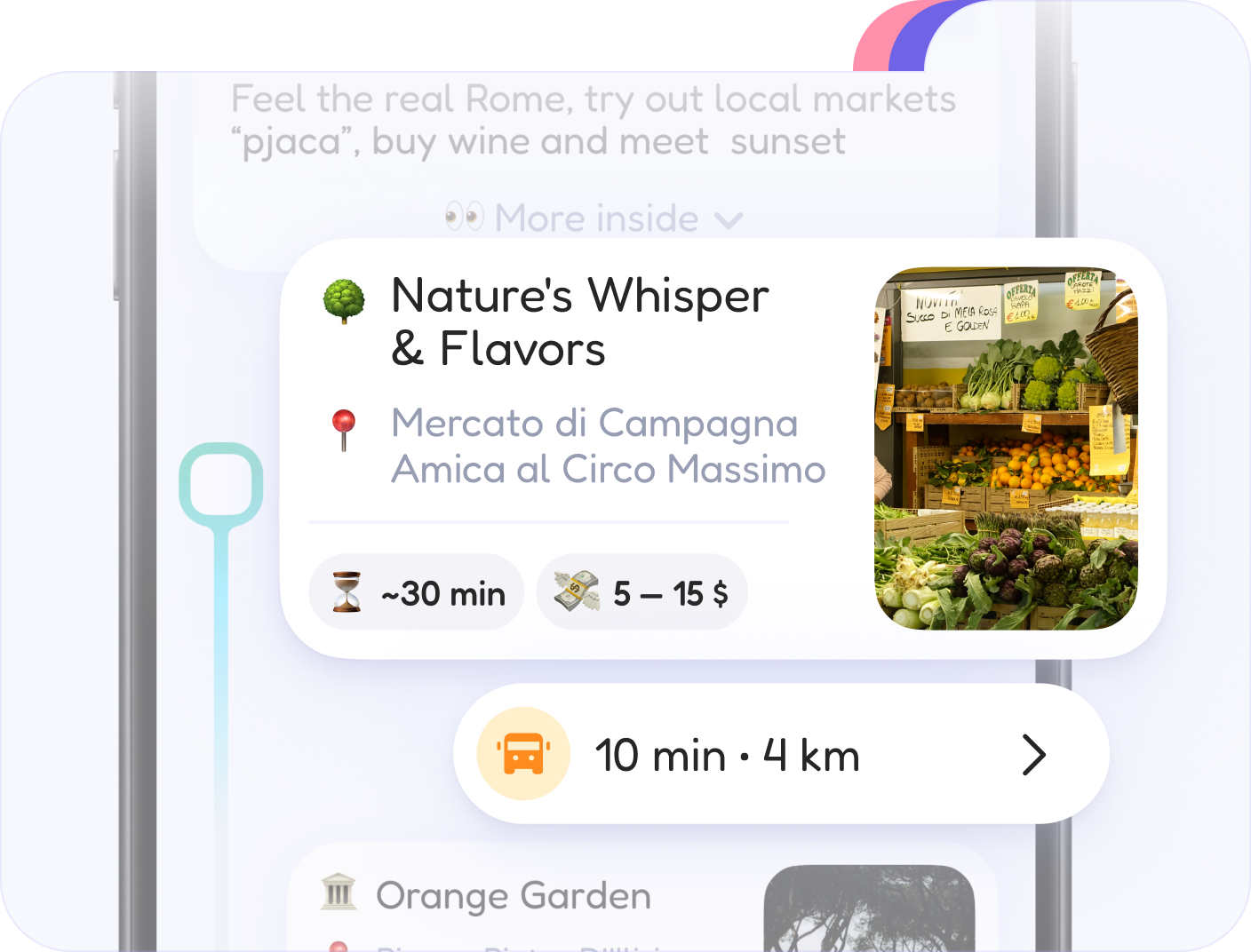 A generated FlapTrip day plan with places, durations and travel times