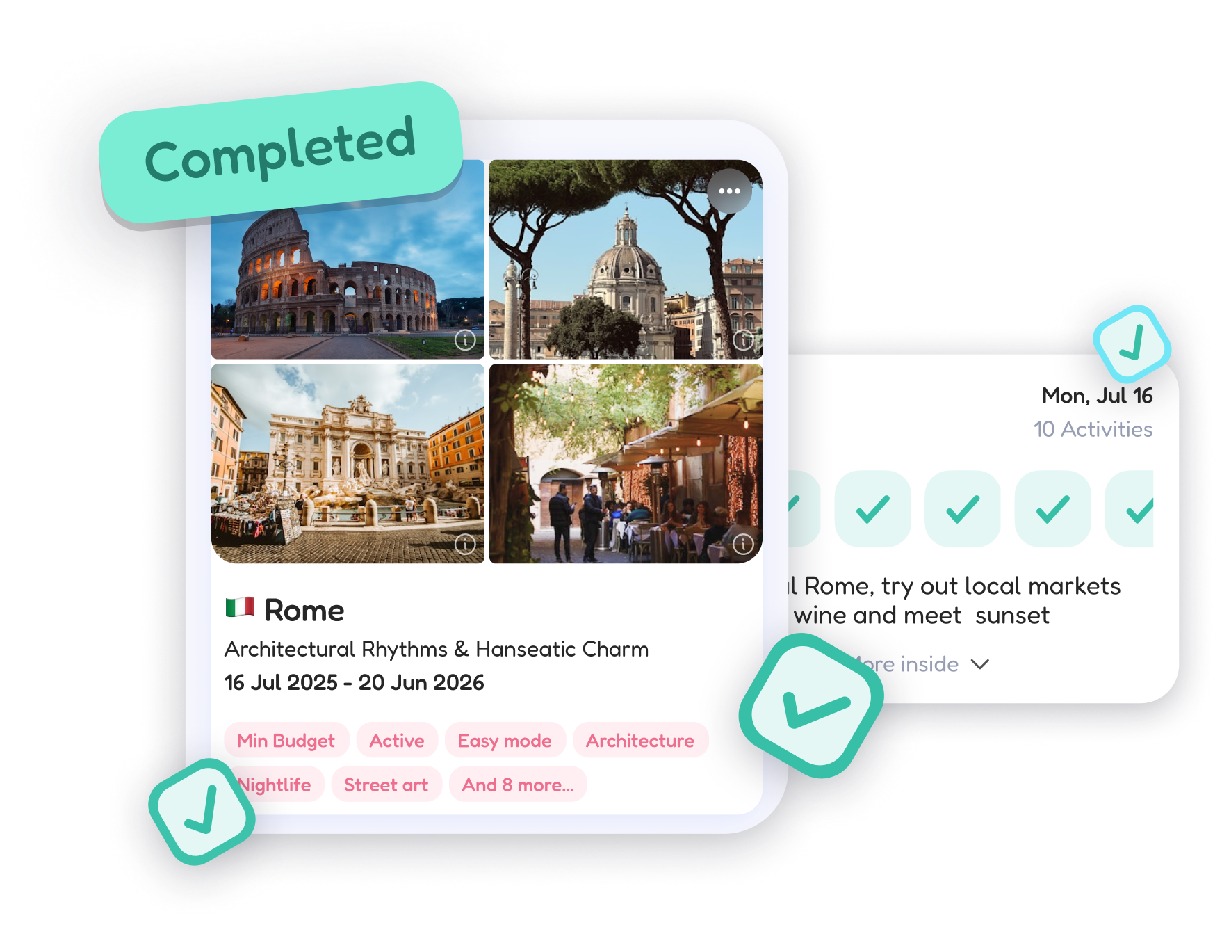 FlapTrip trip progress with completed days and visited places in Rome