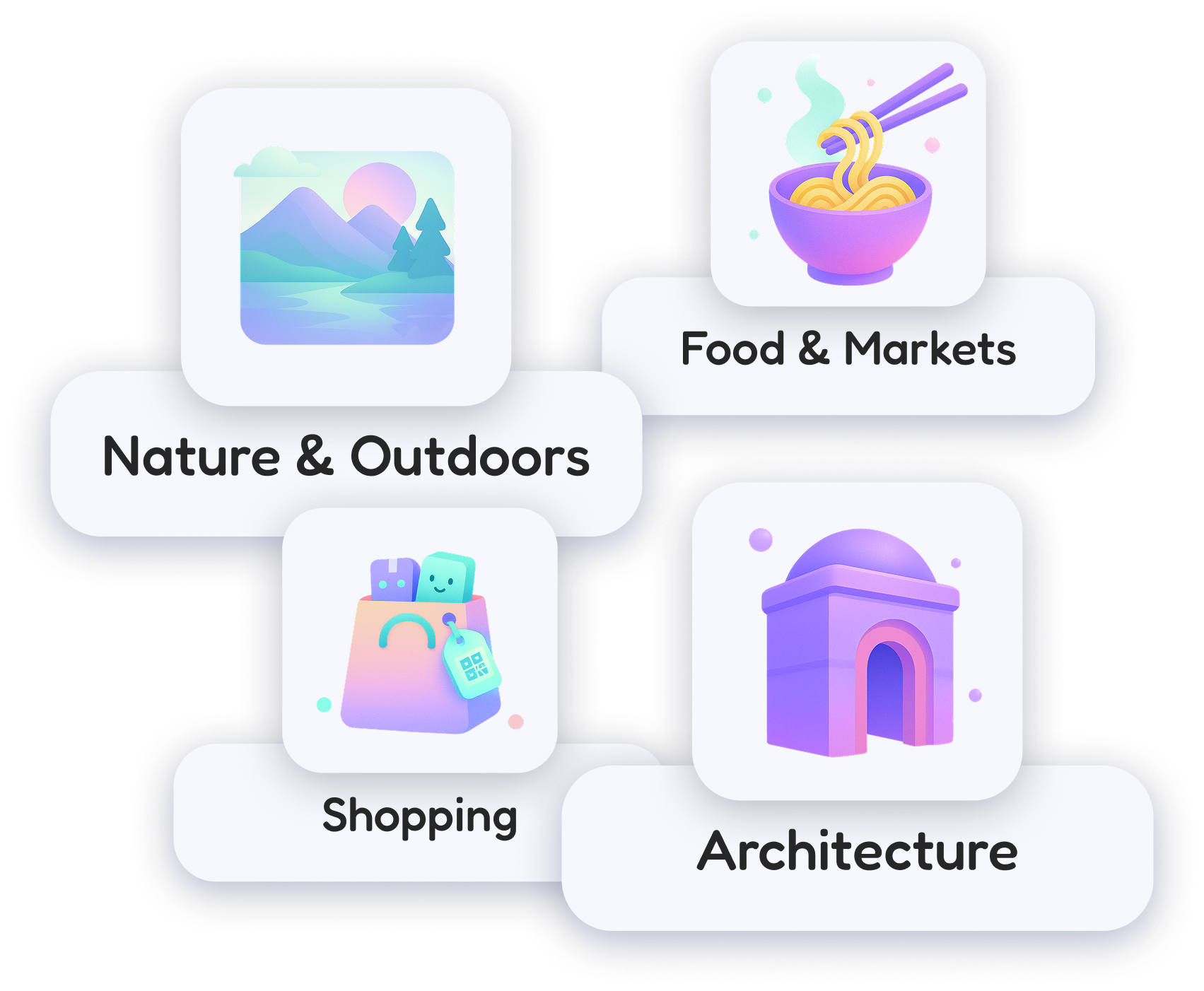 Choosing interests in FlapTrip: Nature & Outdoors, Food & Markets, Shopping, Architecture